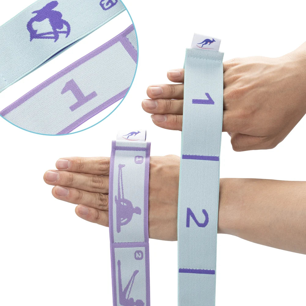 Light blue resistance band with purple numbers and exercise icons held in hands