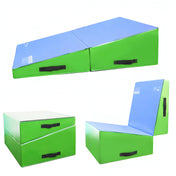 Blue and greenfoldable gymnastics tumbling cheese wedge mat with black handles