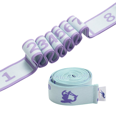 Numbered light blue and purple Kangaroo Hoppers stretching bands, folded and rolled