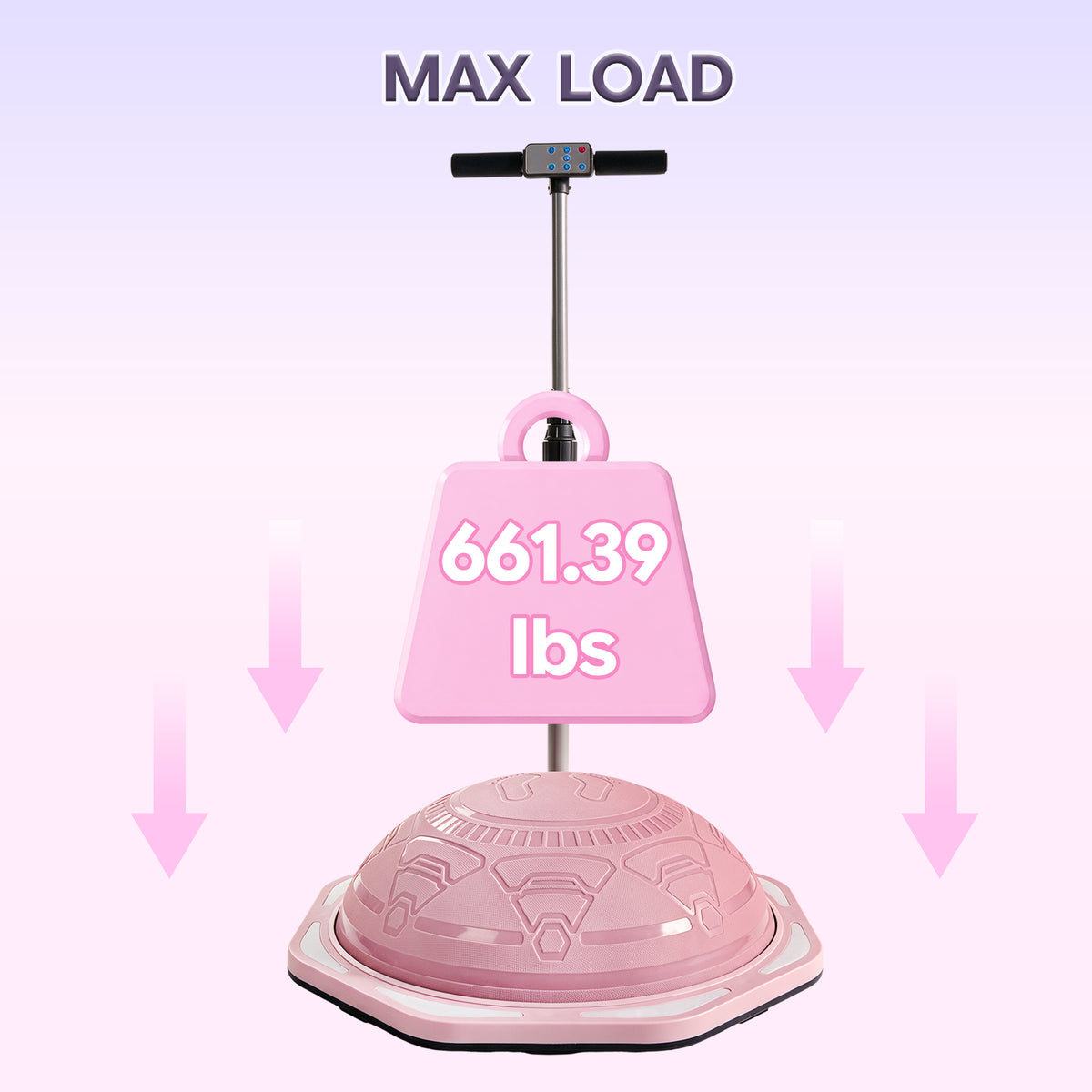 Pink Kangaroo Hoppers Kids Balance Trainer with handle showing 661.39 lbs max load capacity