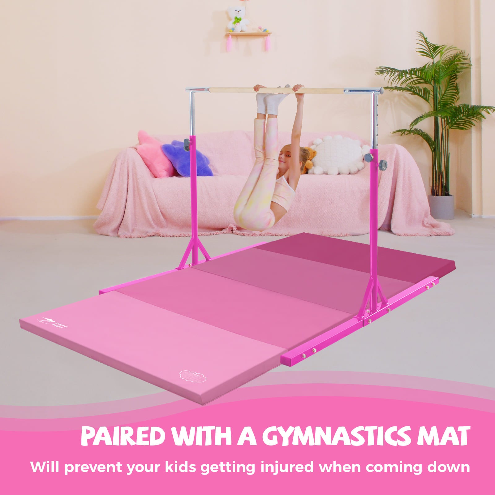 Pink gymnastics mat with bars in a room with a child on the mat.