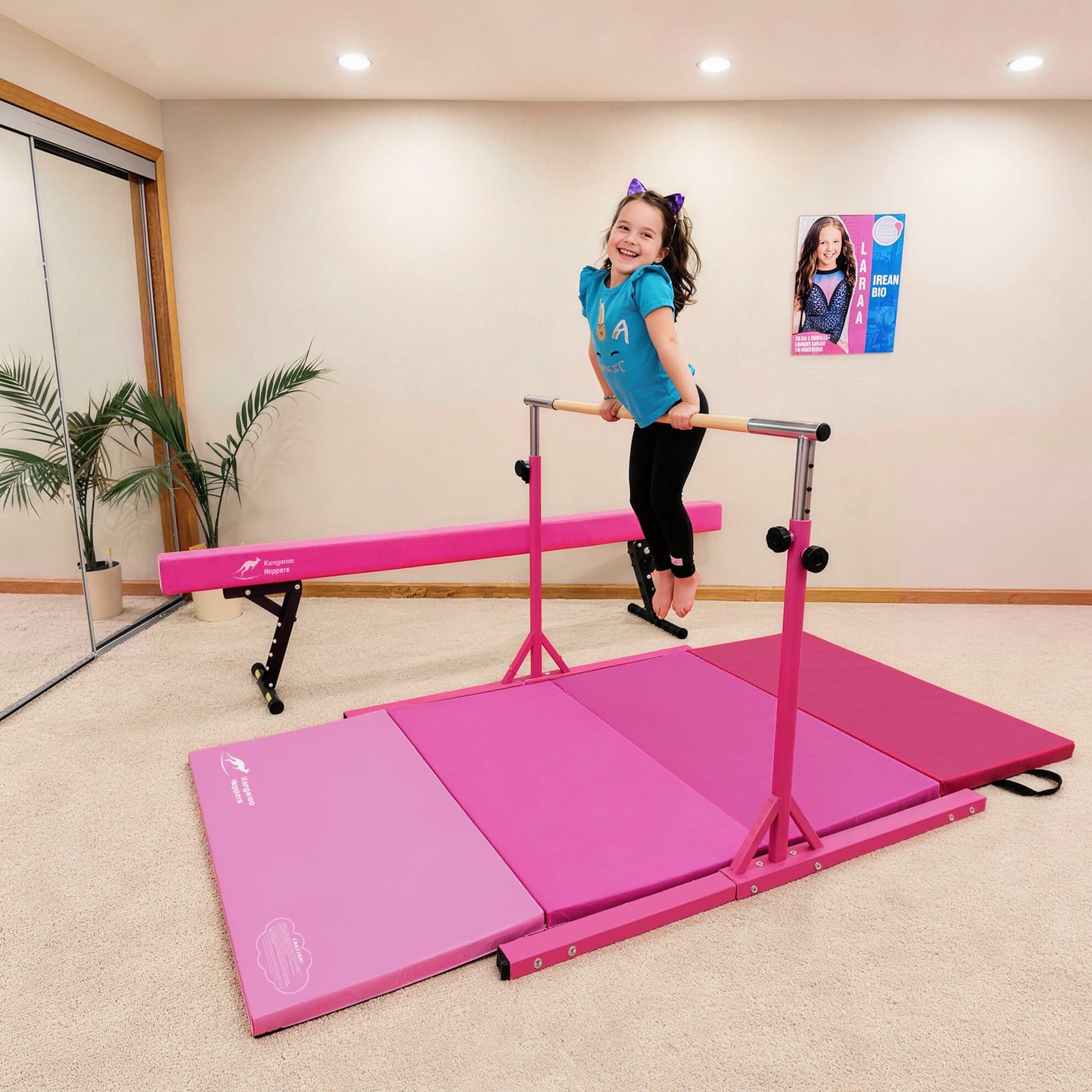 Child on 4FT  pink gymnastics bar with a mat in a home setting