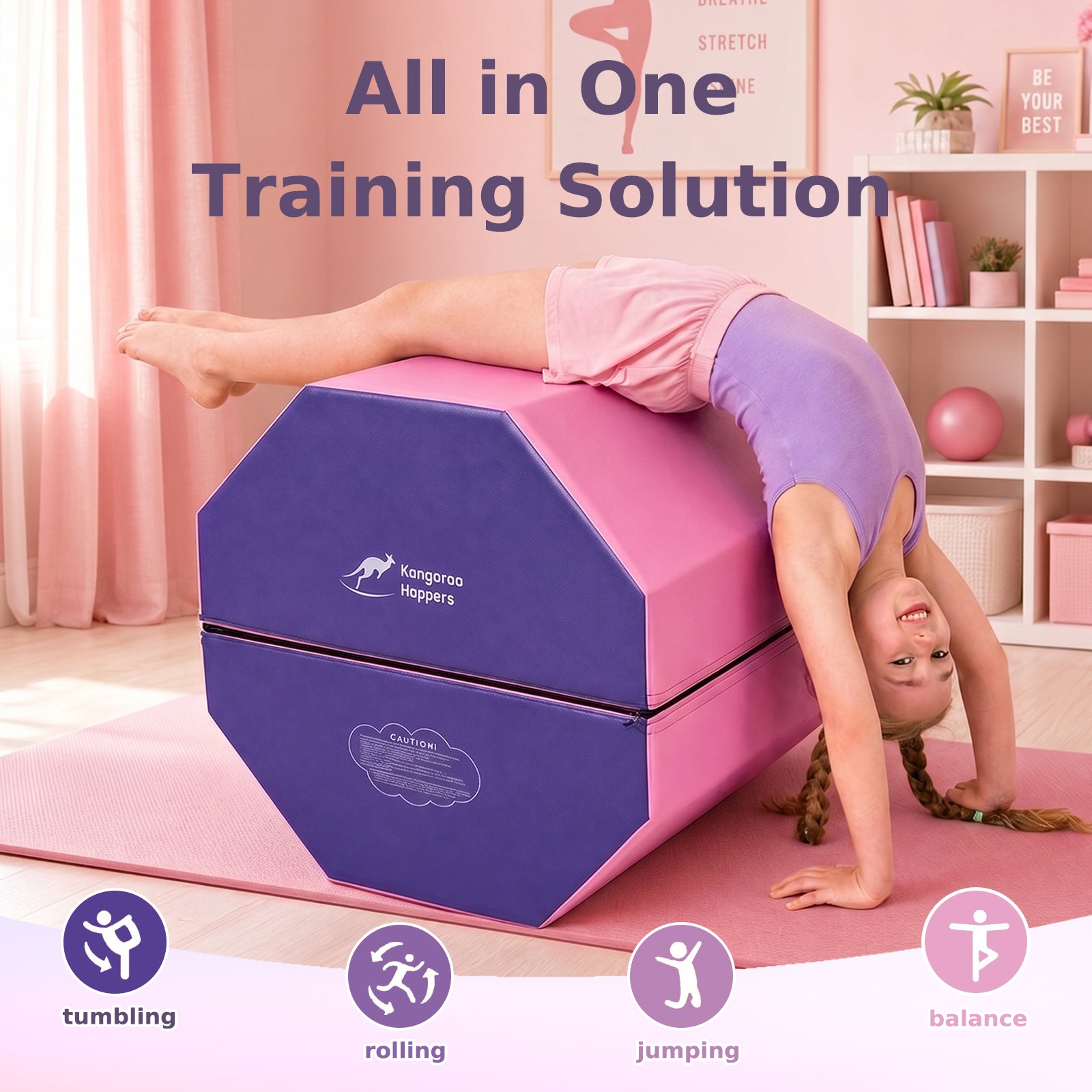 Child performing acrobatics on Detachable Octagon Tumbling Trainer Mat with text 'All in One Training Solution' in a pink room.