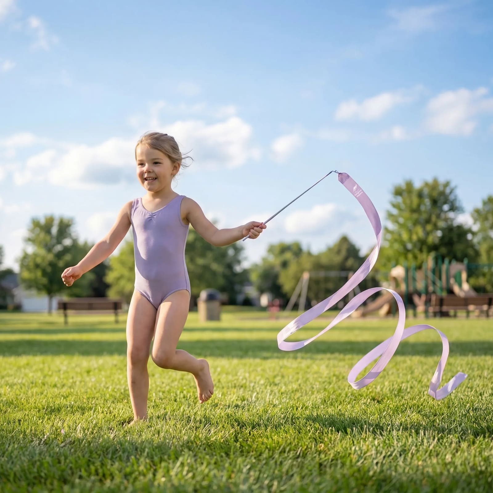 Young girl in a purple Gymnastics uniform playing with a Colour Ribbon on grass