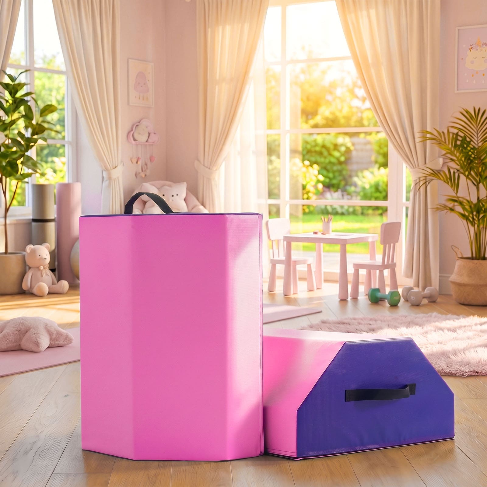 Detachable Octagon Tumbling Trainer Mat  step platform in a bright, child-friendly room with toys and plants.