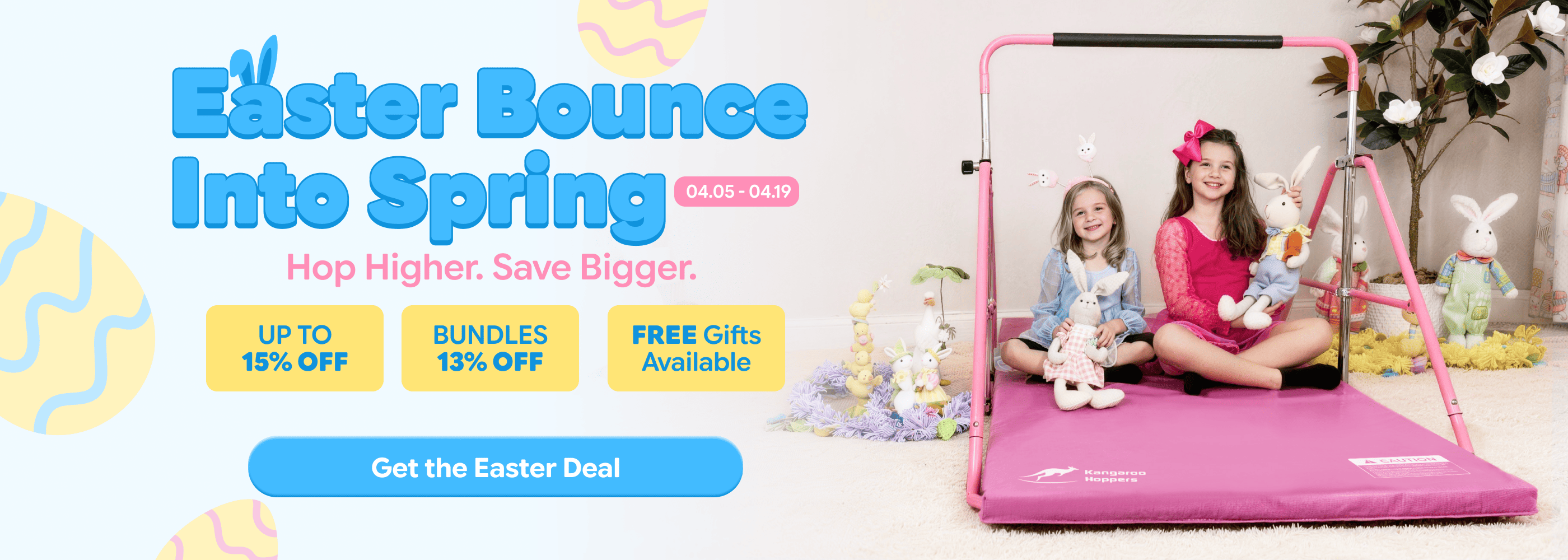 Promotional banner for Easter with a Gymnastics and children, featuring text about deals and discounts.