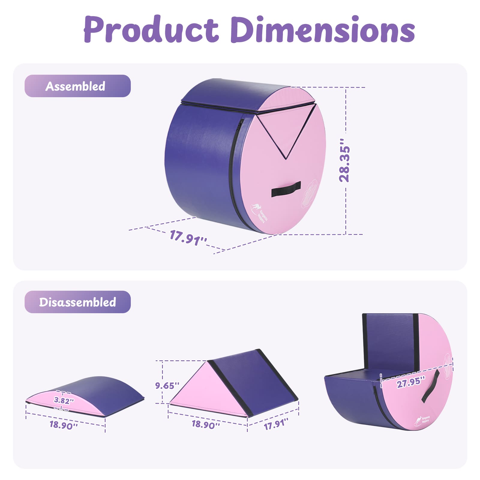 Kangaroo Hoppers Flip and Roll Gymnastics Trainer dimensions diagram showing assembled and disassembled views