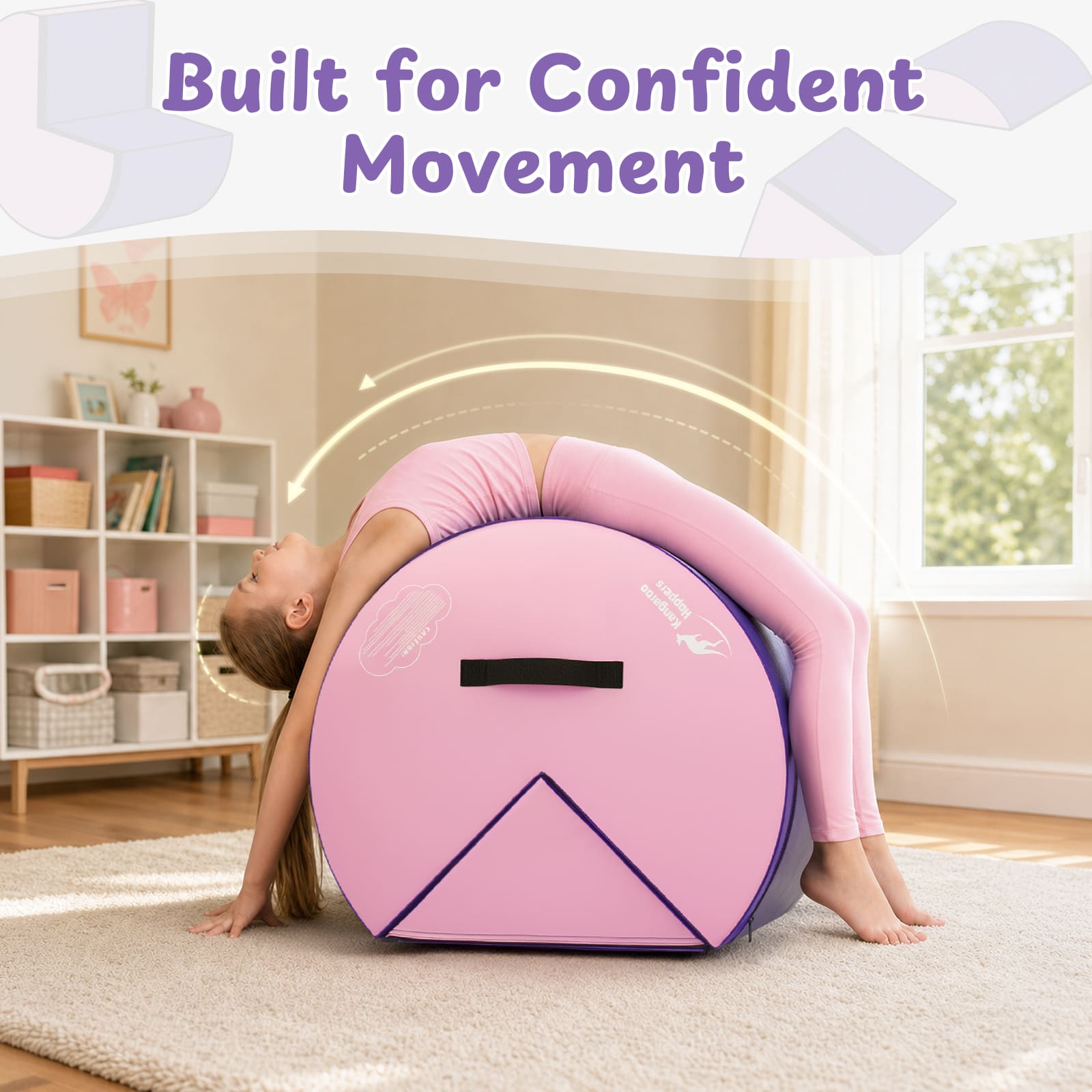 Girl doing backbend over pink Kangaroo Hoppers Flip & Roll Gymnastics Trainer