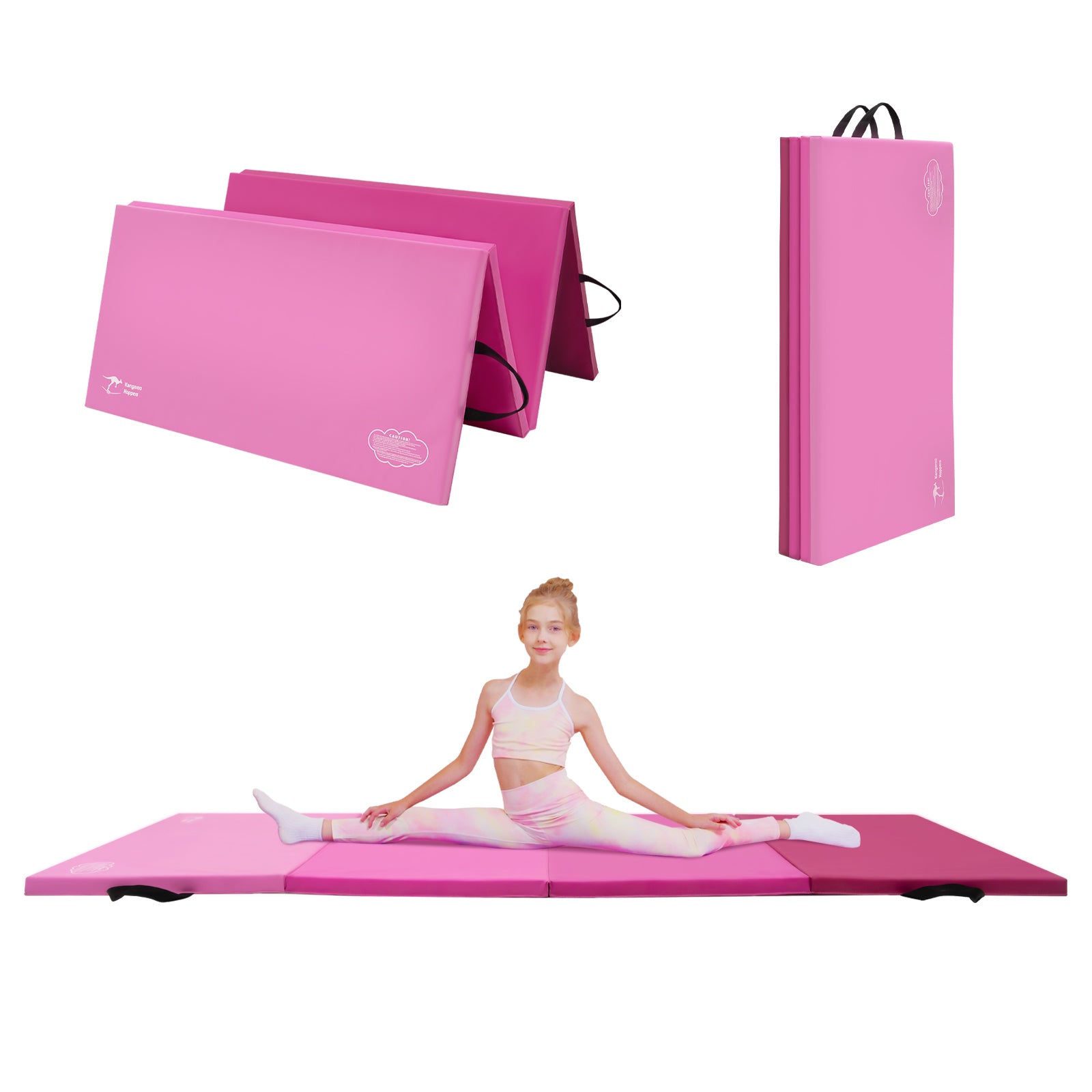 Gradient Pink 4×8FT×1.5'' gymnastics mat with a girl sitting on it, showing different views of the mat.