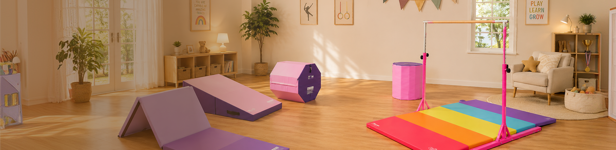 Purple and pink foam gymnastics set with rainbow mat and bar in playroom