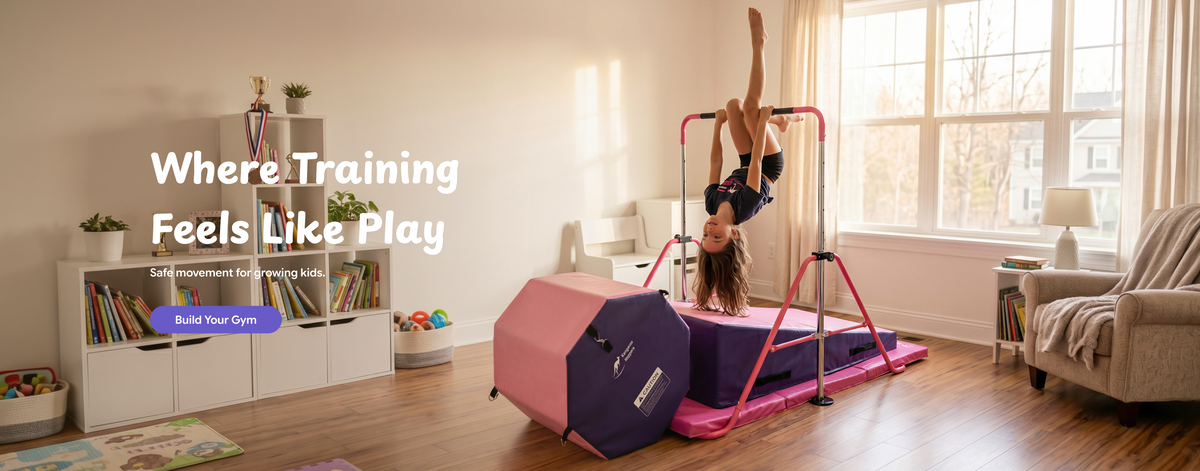 Girl doing handstand on pink and purple home gym equipment
