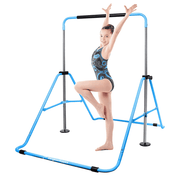 Girl posing onblue Kangaroo Hoppers adjustable foldable gymnastics horizontal kip training bars