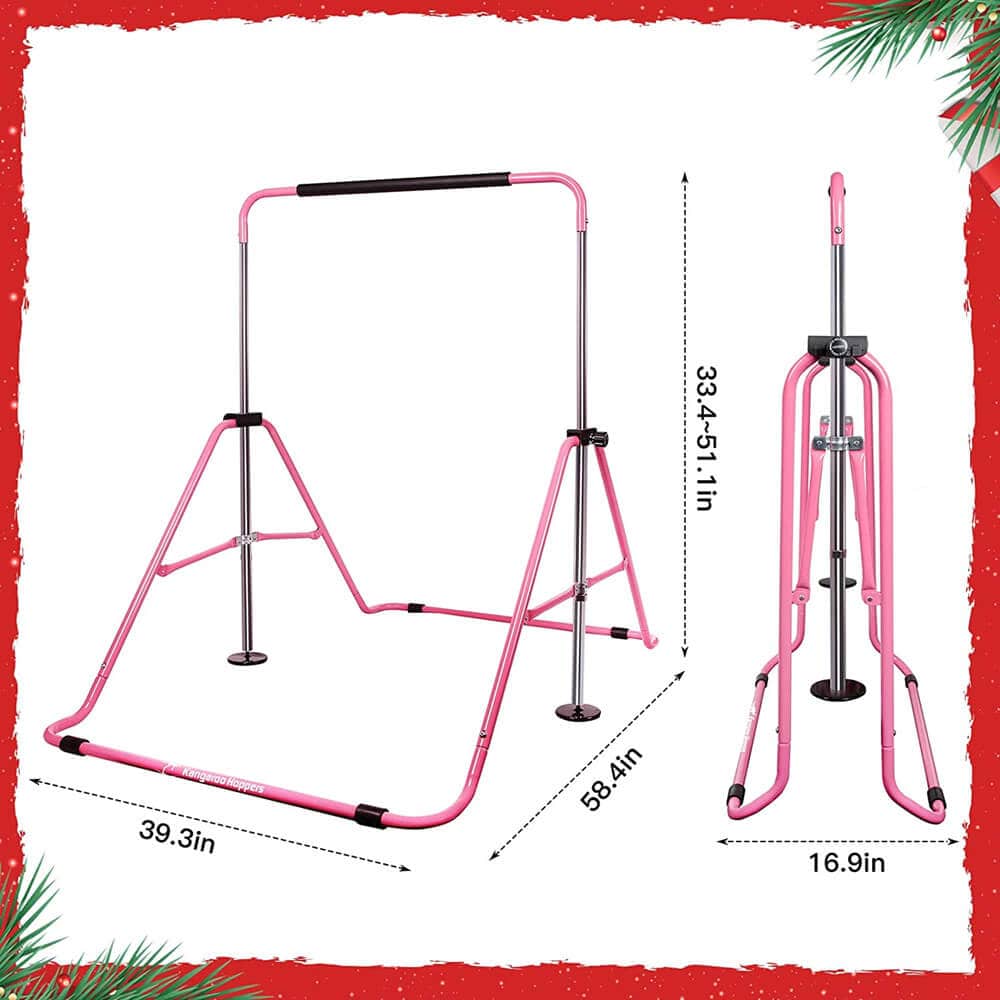 Pink Kangaroo Hoppers adjustable foldable horizontal kip training bars shown expanded and folded