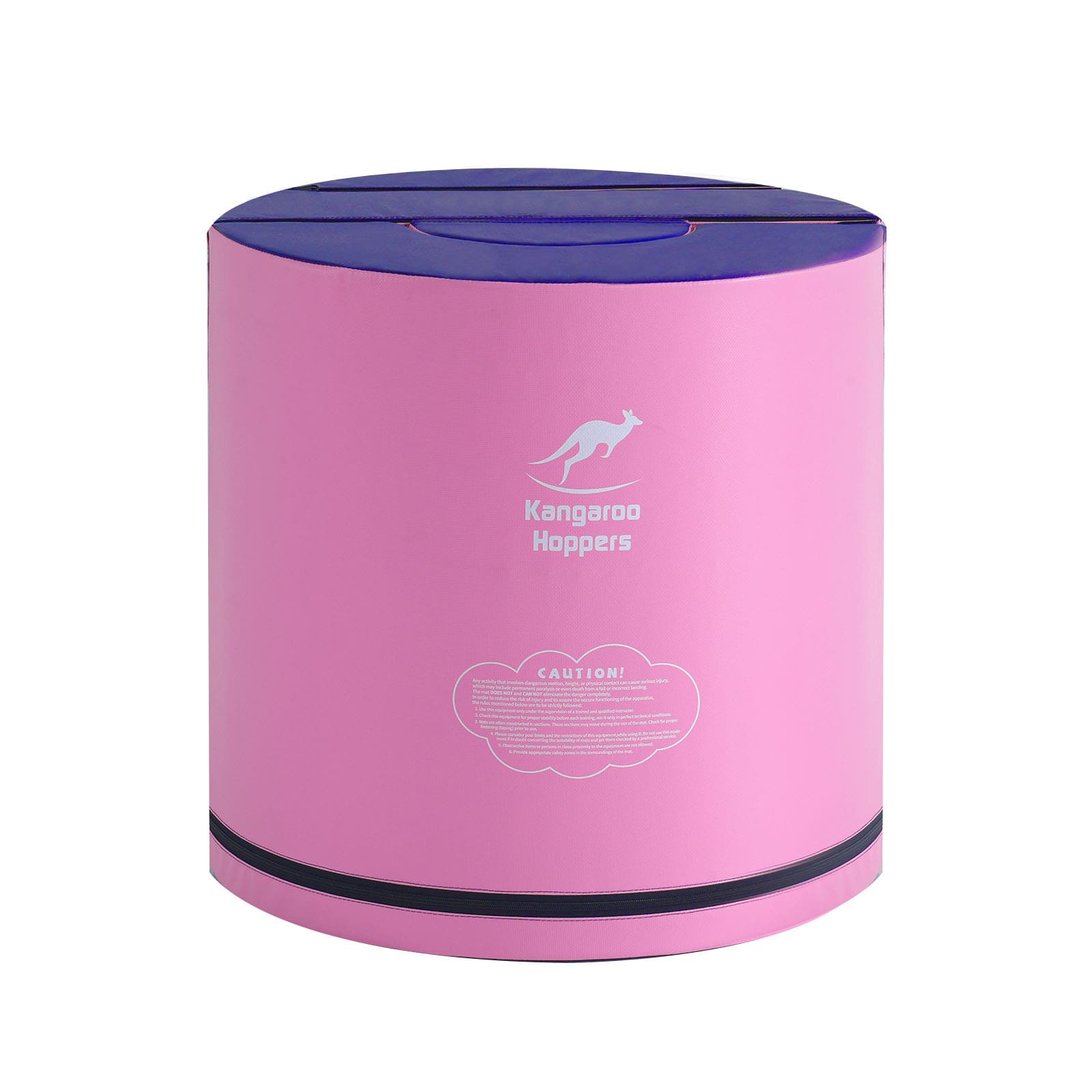 A pink cylindrical container with a dark blue lid, featuring the white Kangaroo Hoppers logo and a caution label on the front, set against a plain white background.