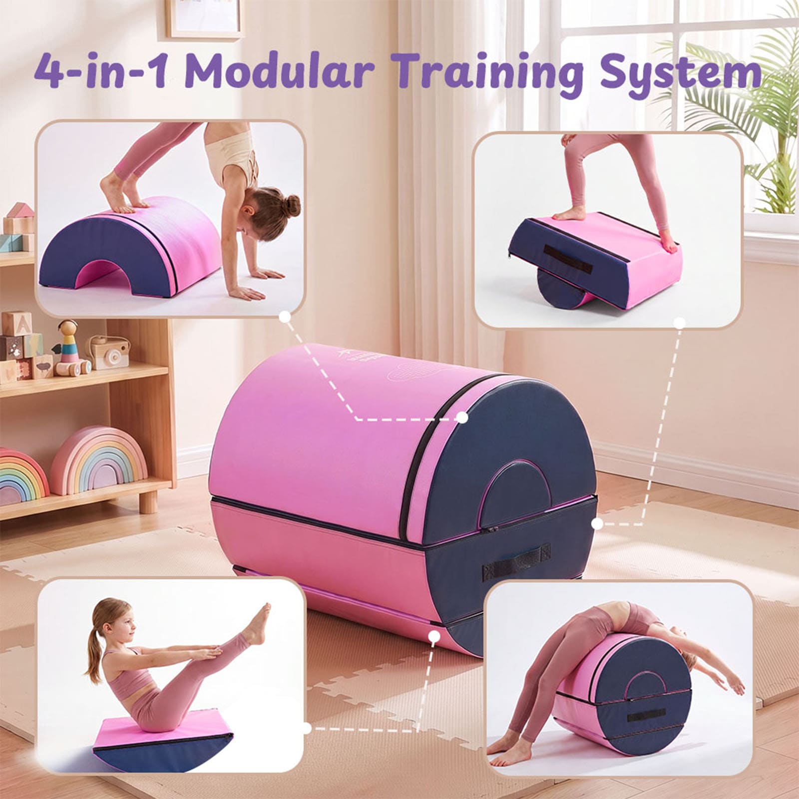 Pink and navy modular foam exercise/yoga wheel set shown in a child's playroom, with inset photos demonstrating different exercise positions and uses. Purple text at the top reads '4-in-1 Modular Training System'.