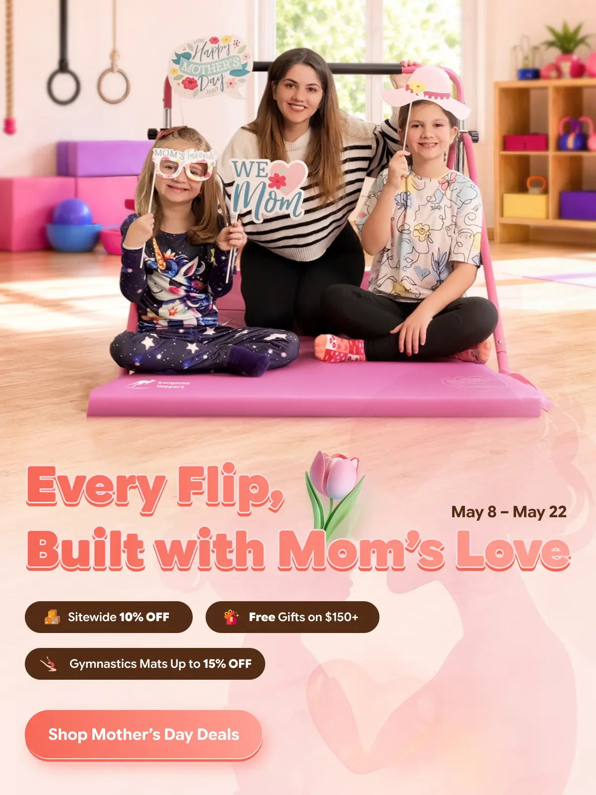 Woman and two children on a pink mat with promotional text overlay