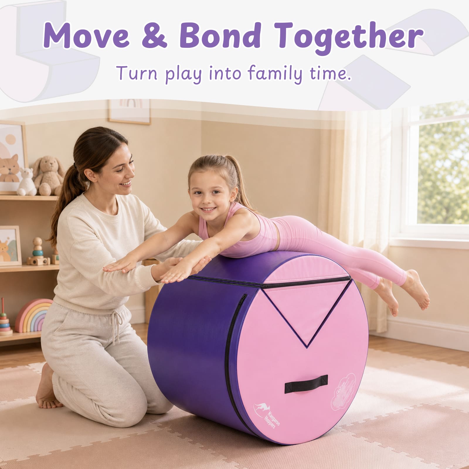 Purple and pink Kangaroo Hoppers Flip and Roll gymnastics trainer with mother and child