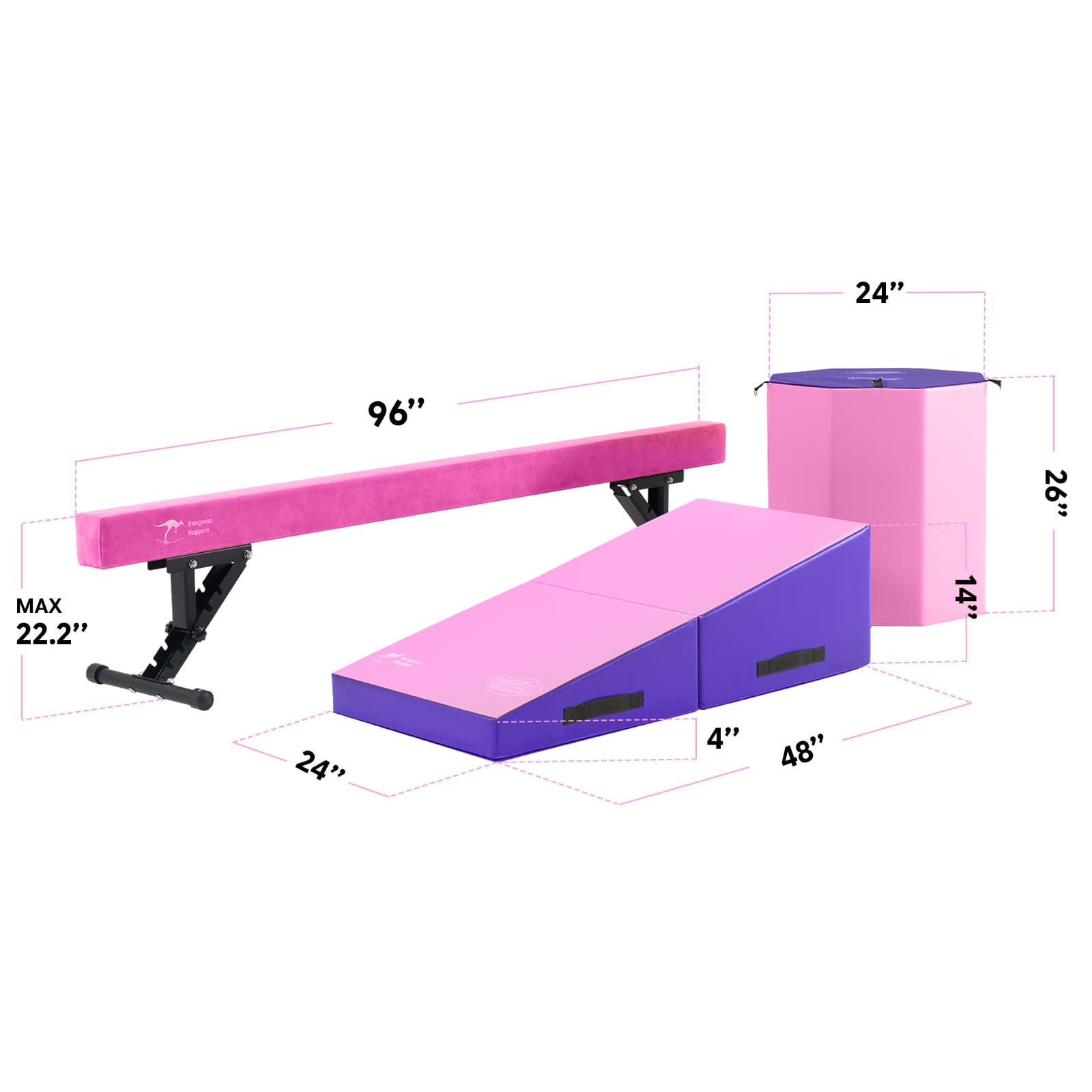 Gymnastics training equipment including a pink balance beam, purple mat, and pink and blue box with dimensions displayed.