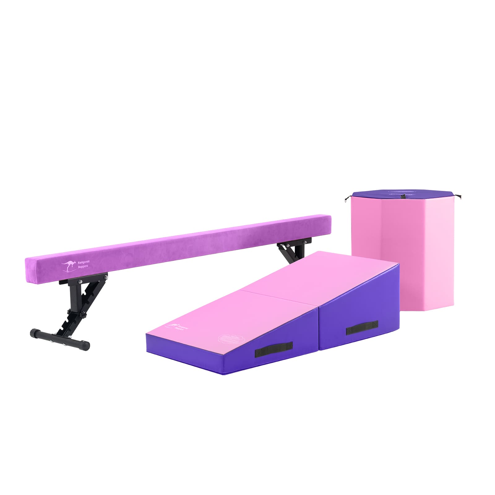 Purple and pink gymnastics equipment set on a white background