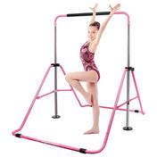 Girl hangingon pink Kangaroo Hoppers adjustable foldable horizontal kip training bars
