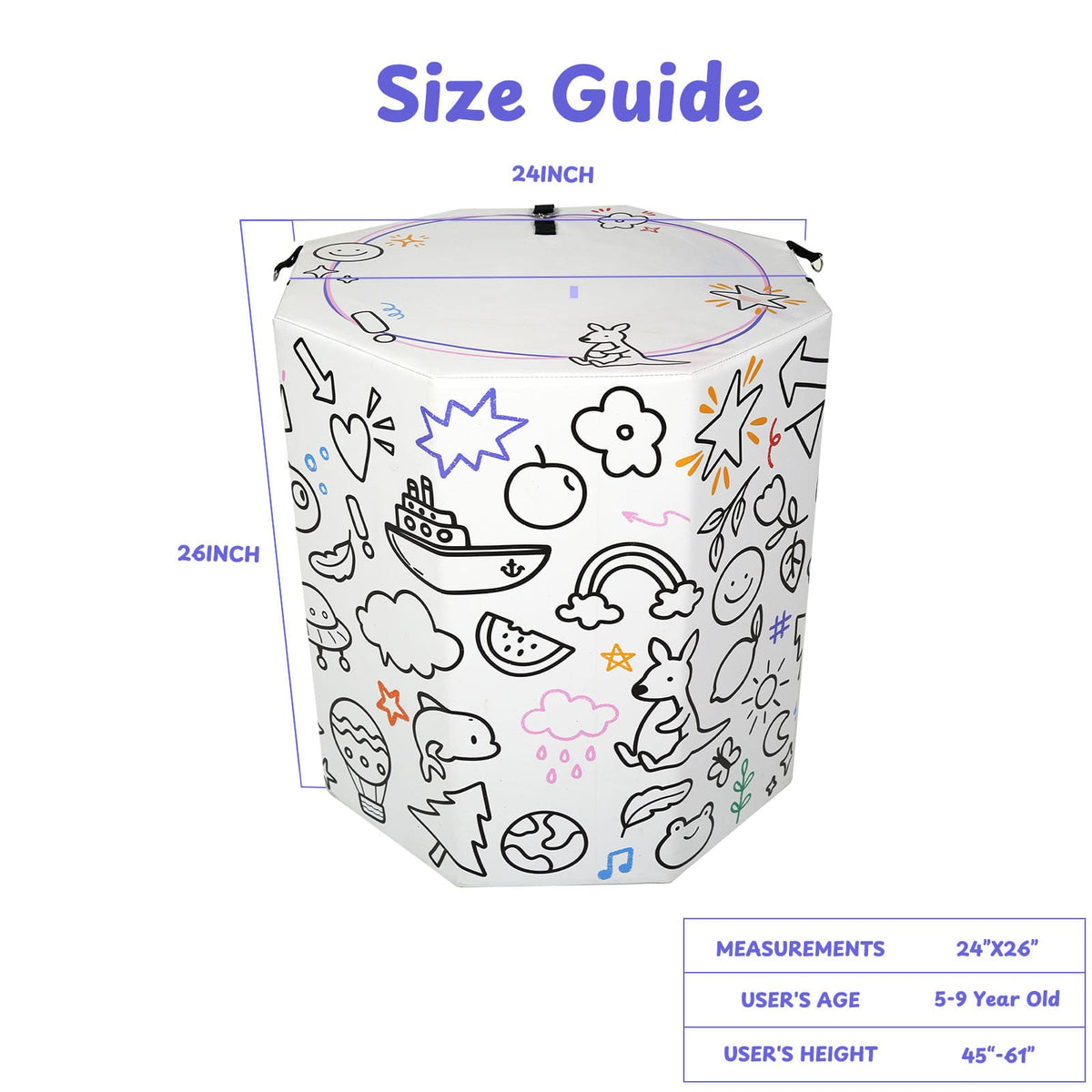 Kangaroo Hoppers Octagon Trainer Mat size guide showing 24x26 inch white doodle design dimensions