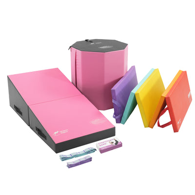 Little Explorer Balance and Agility Set featuring pink mat, cylinder, and colorful boards