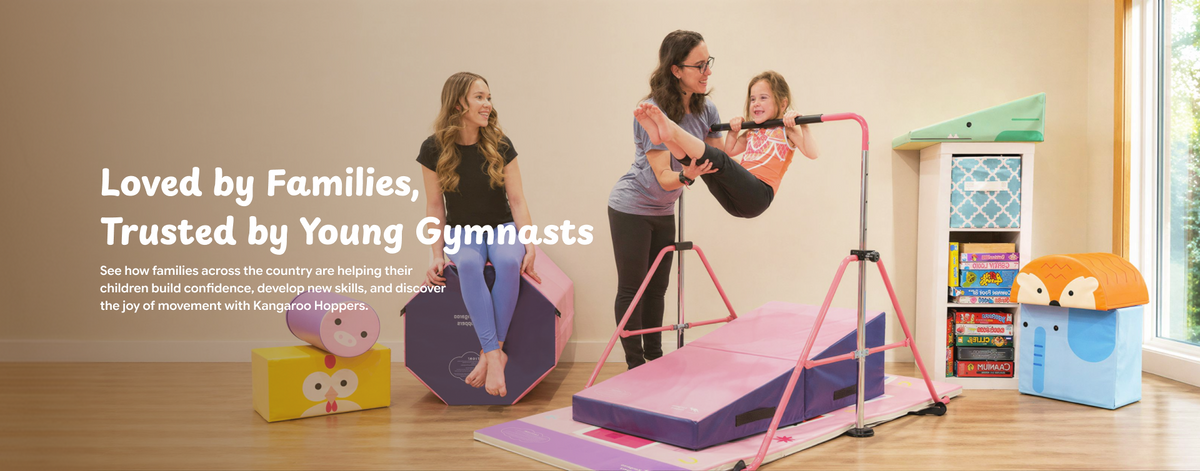 Kids using pink horizontal bar and purple foam gymnastics mats in playroom