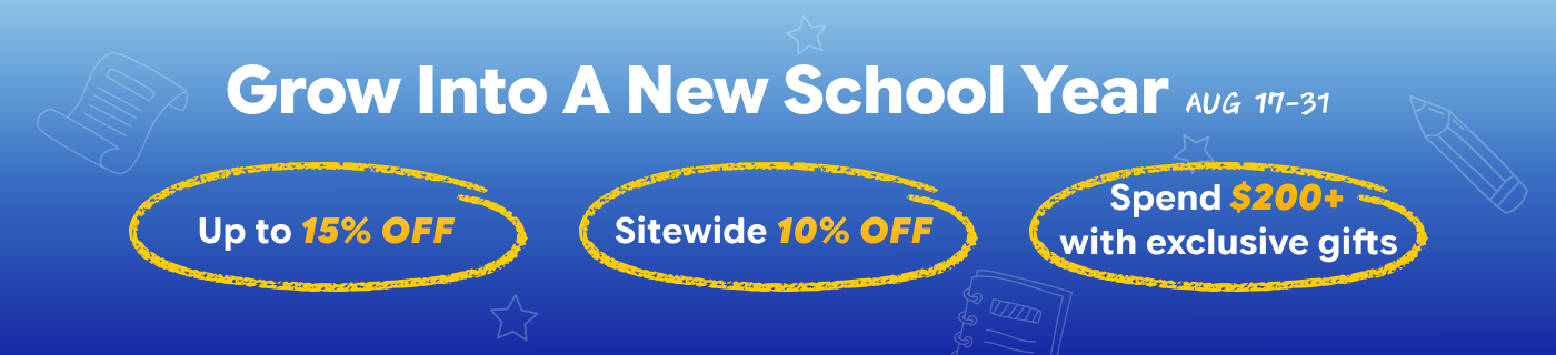 Blue back to school sale banner with yellow circled discount offers and chalk doodles