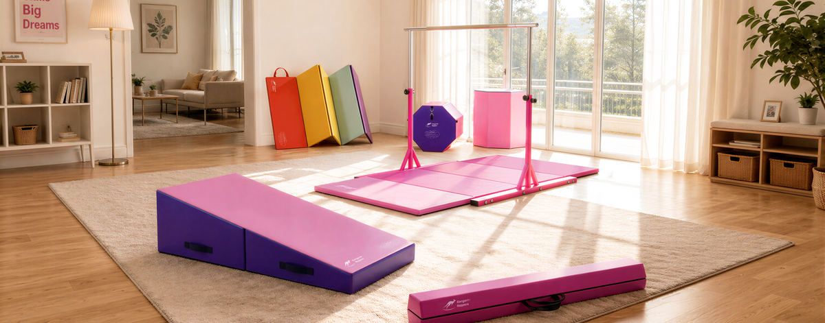 Pink and purple home gymnastics set with wedge mat, balance beam, and bar on living room floor