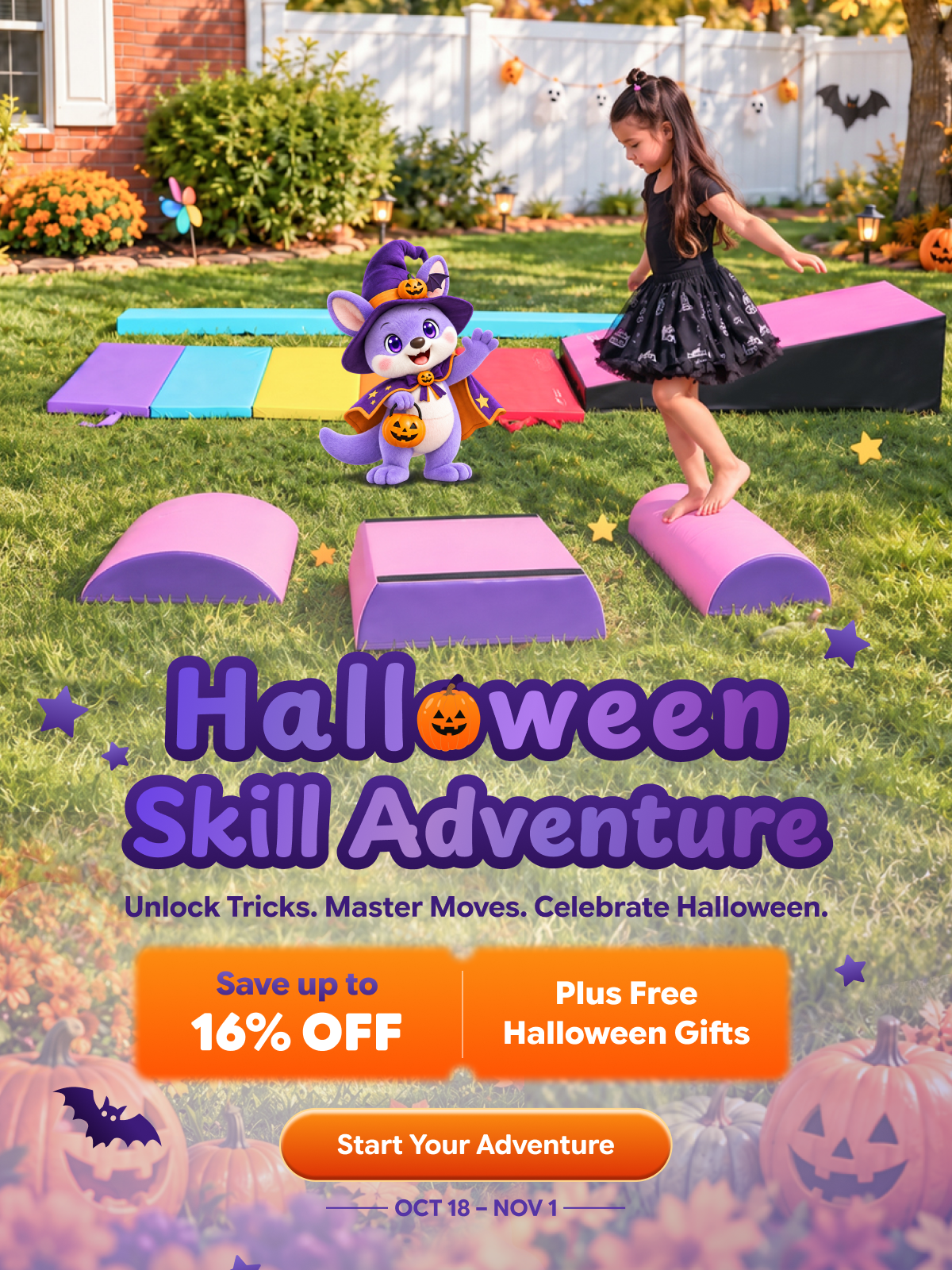 Girl balancing on purple foam roller during Halloween skill adventure obstacle course sale