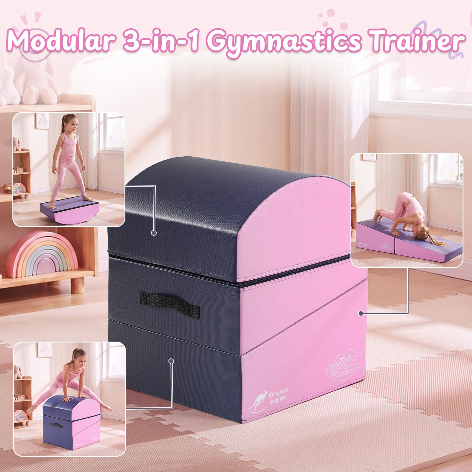 Modular 3-in-1 gymnastics trainer with multiple configurations for balance, tumbling, and strength training