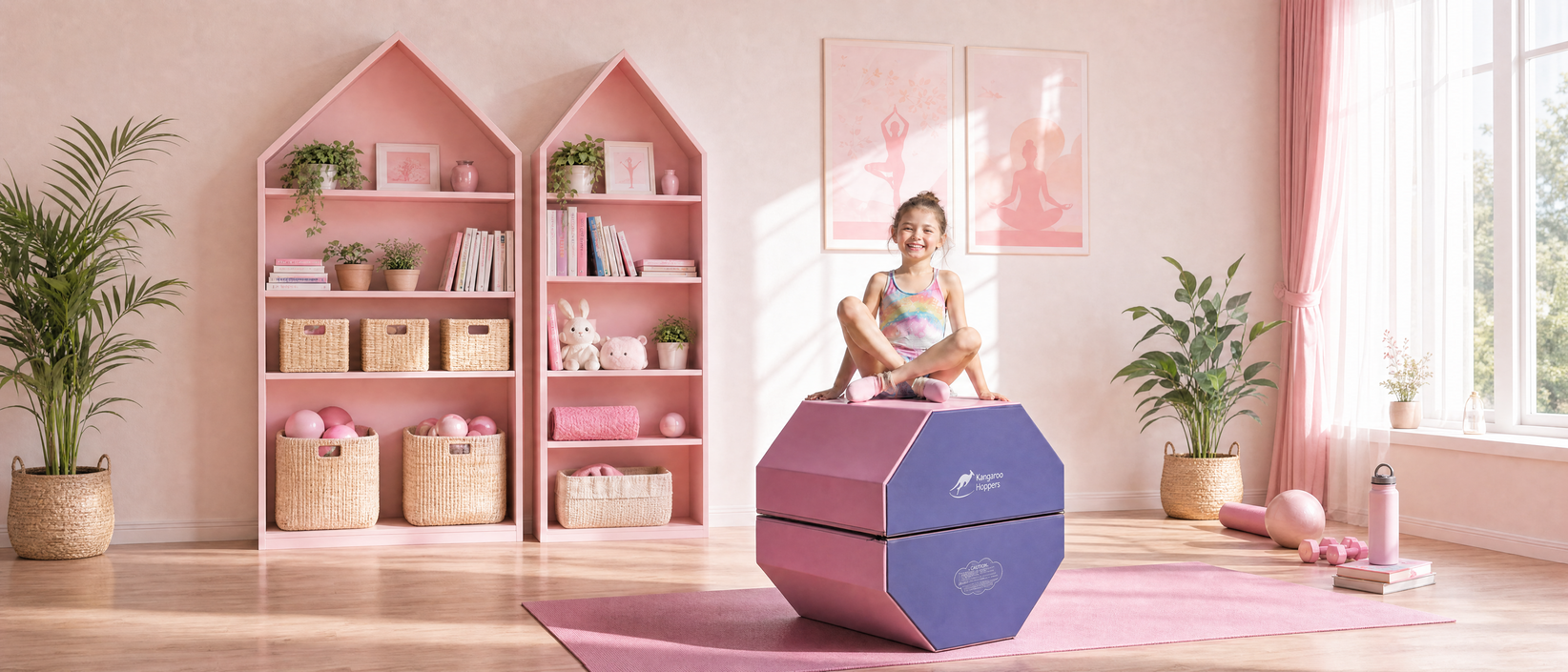 A girl practicing on a purple gymnastics roller in a bright family home